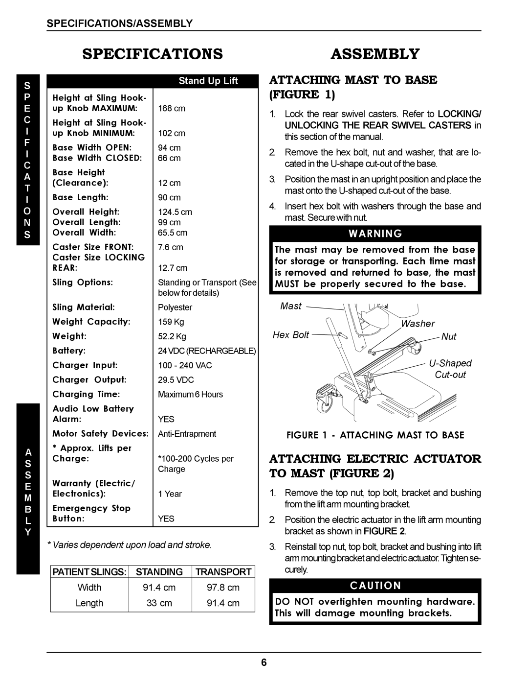 Invacare RPS350-1E Specifications, Assembly, Attaching Mast to Base Figure, Attaching Electric Actuator to Mast Figure 