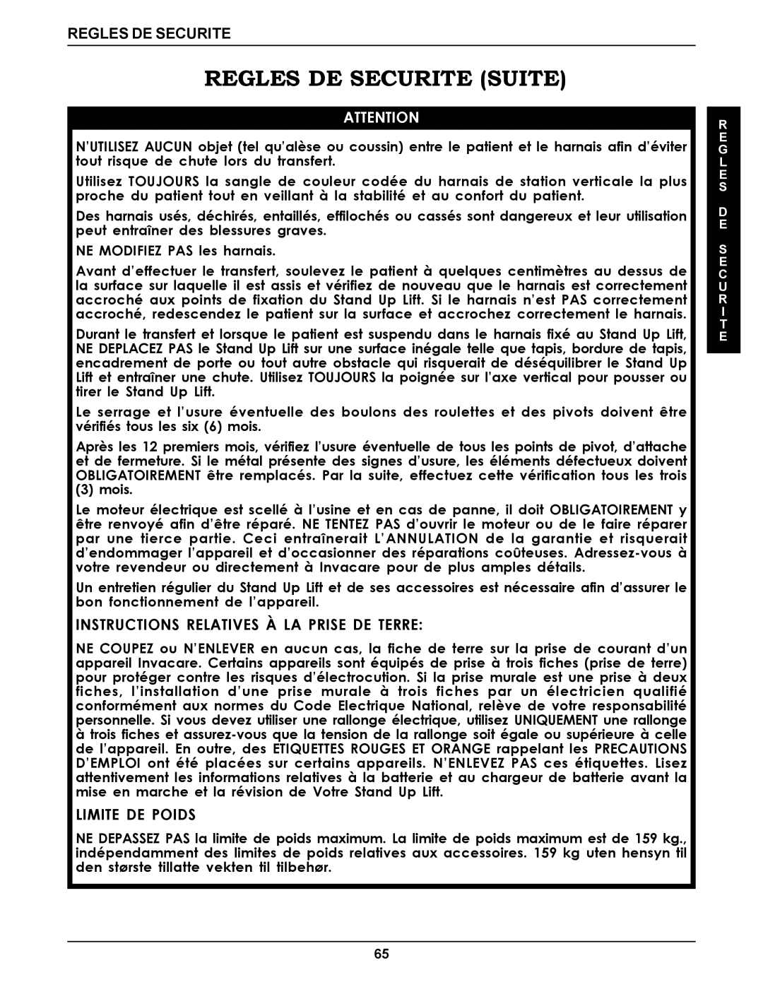 Invacare RPS350-1E manual Regles DE Securite Suite, Instructions Relatives À LA Prise DE Terre 