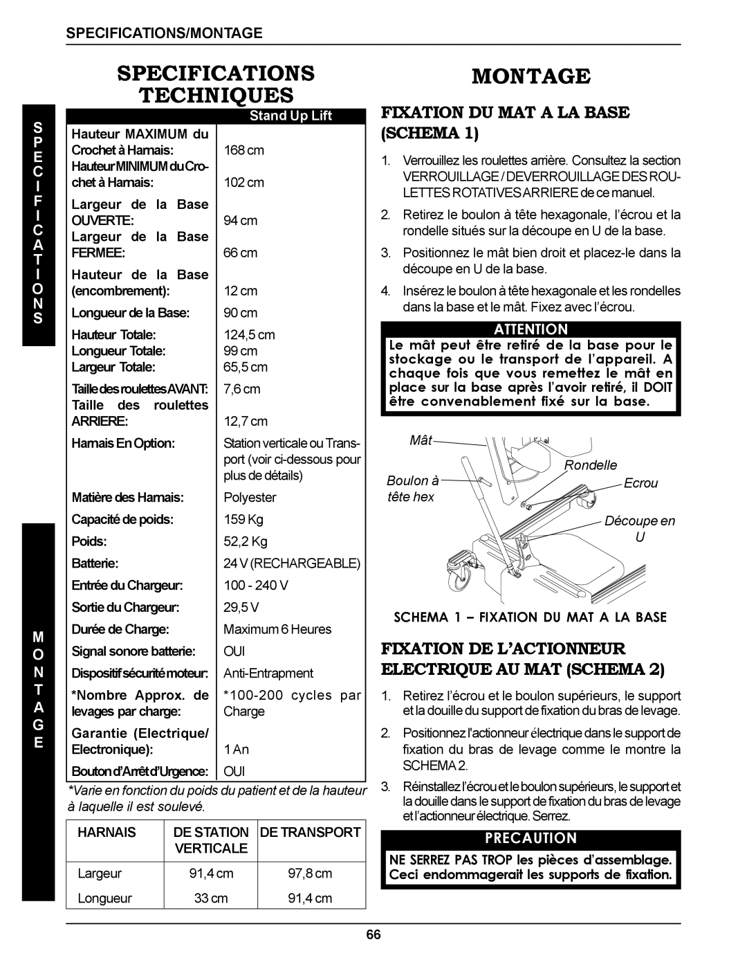 Invacare RPS350-1E manual Specifications Techniques, Fixation DU MAT a LA Base Schema, Schema 1 Fixation DU MAT a LA Base 