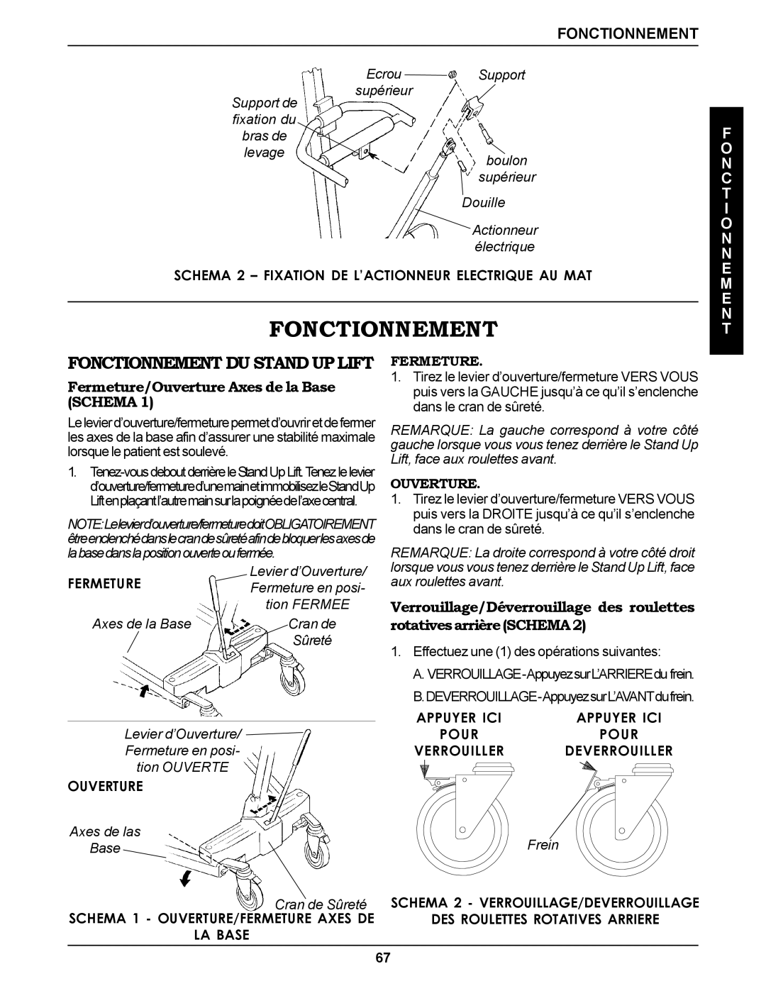 Invacare RPS350-1E manual Fonctionnement, Fermeture/Ouverture Axes de la Base Schema 