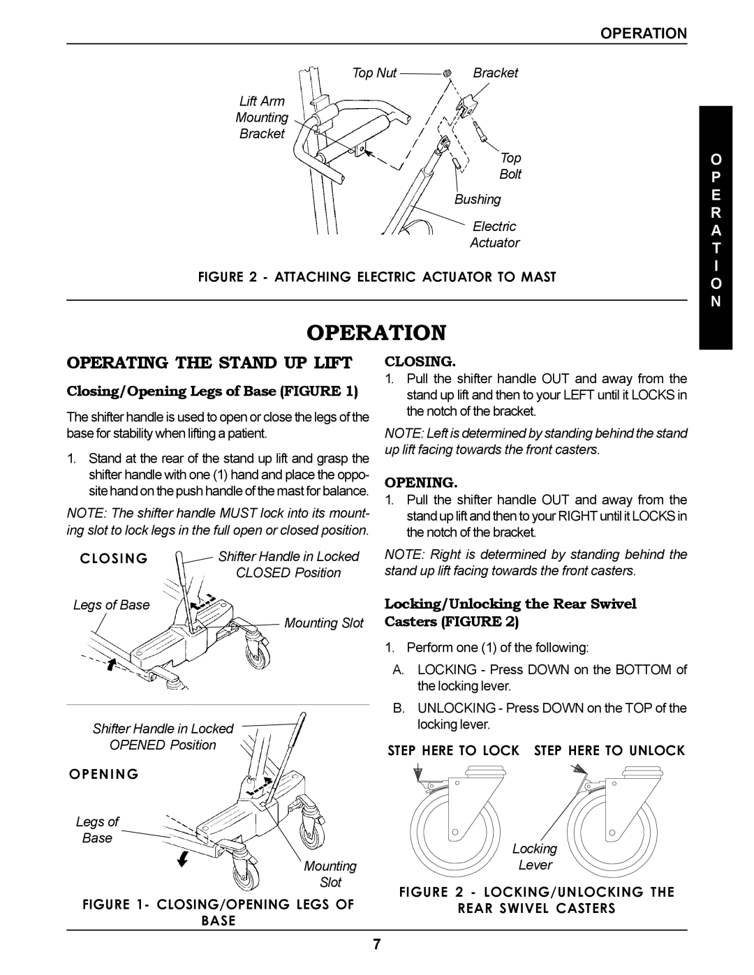 Invacare RPS350-1E manual Operation, Operating the Stand UP Lift, Closing/Opening Legs of Base Figure 