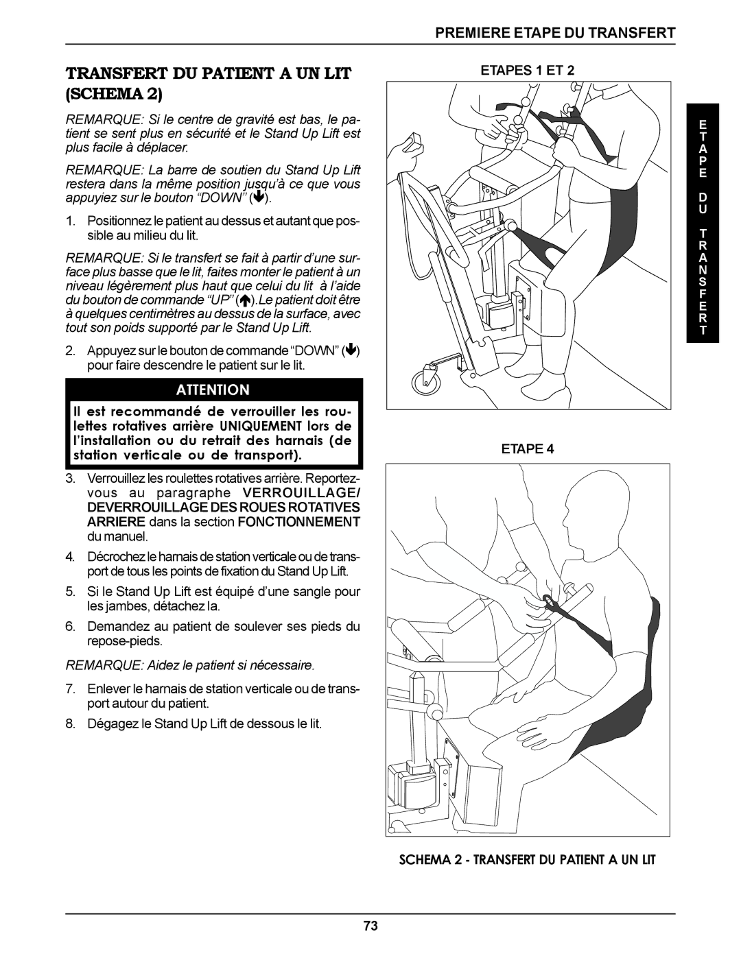 Invacare RPS350-1E manual Transfert DU Patient a UN LIT Schema, Etapes 1 ET, Schema 2 Transfert DU Patient a UN LIT 