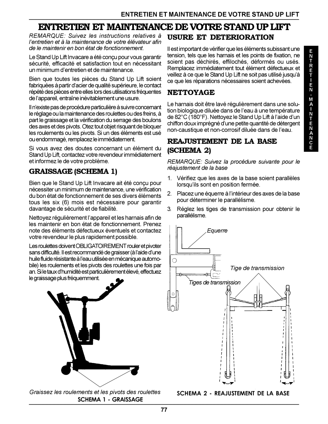 Invacare RPS350-1E manual Graissage Schema, Usure ET Deterioration, Nettoyage, Reajustement DE LA Base Schema 