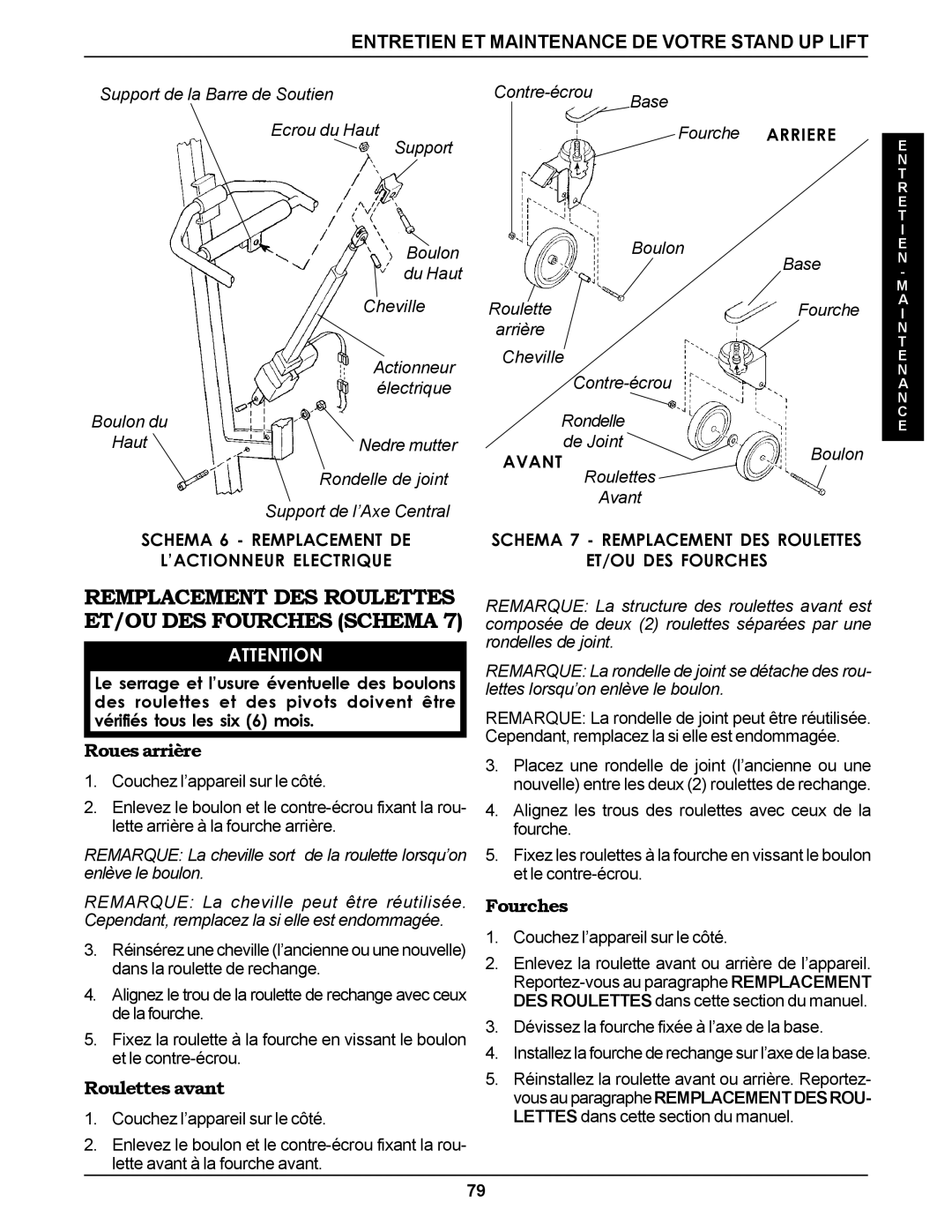 Invacare RPS350-1E manual Remplacement DES Roulettes ET/OU DES Fourches Schema, Roues arrière, Roulettes avant 