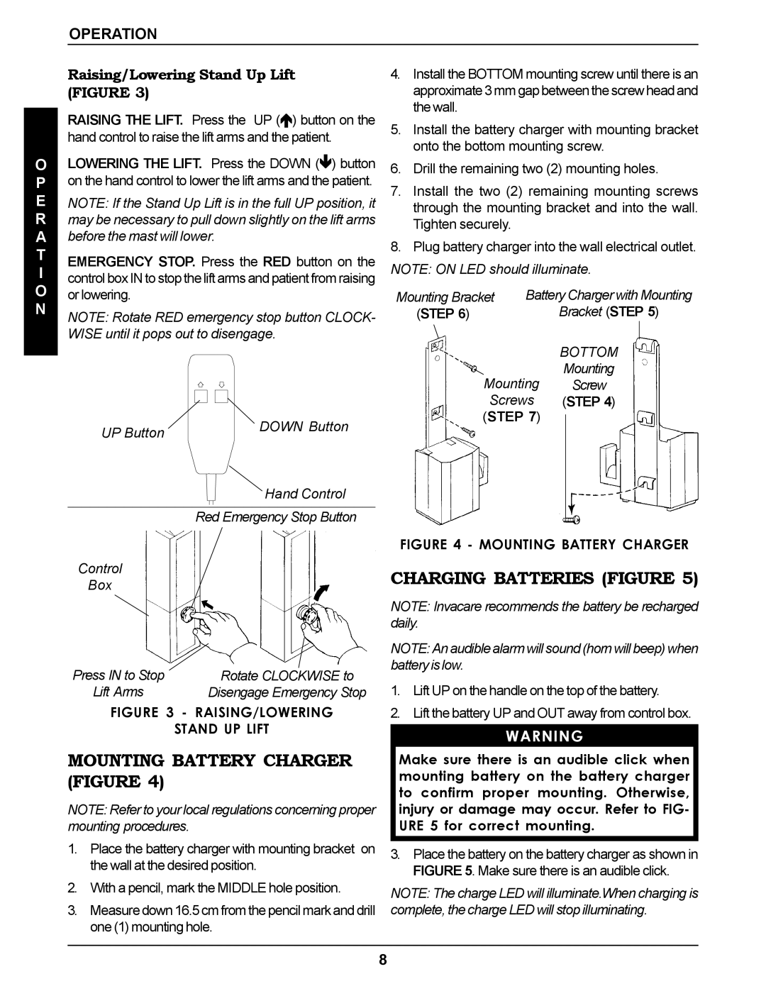 Invacare RPS350-1E manual Mounting Battery Charger Figure, Charging Batteries Figure, Raising/Lowering Stand Up Lift Figure 