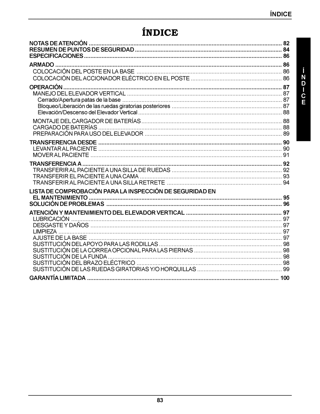 Invacare RPS350-1E manual Índice, Lista DE Comprobación Para LA Inspección DE Seguridad EN 