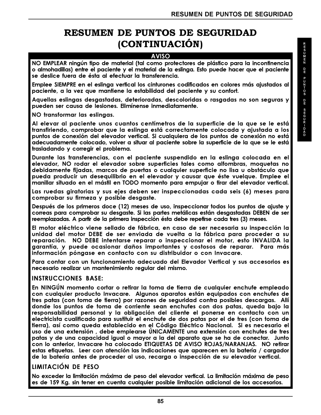 Invacare RPS350-1E manual Resumen DE Puntos DE Seguridad Continuación, Instrucciones Base 