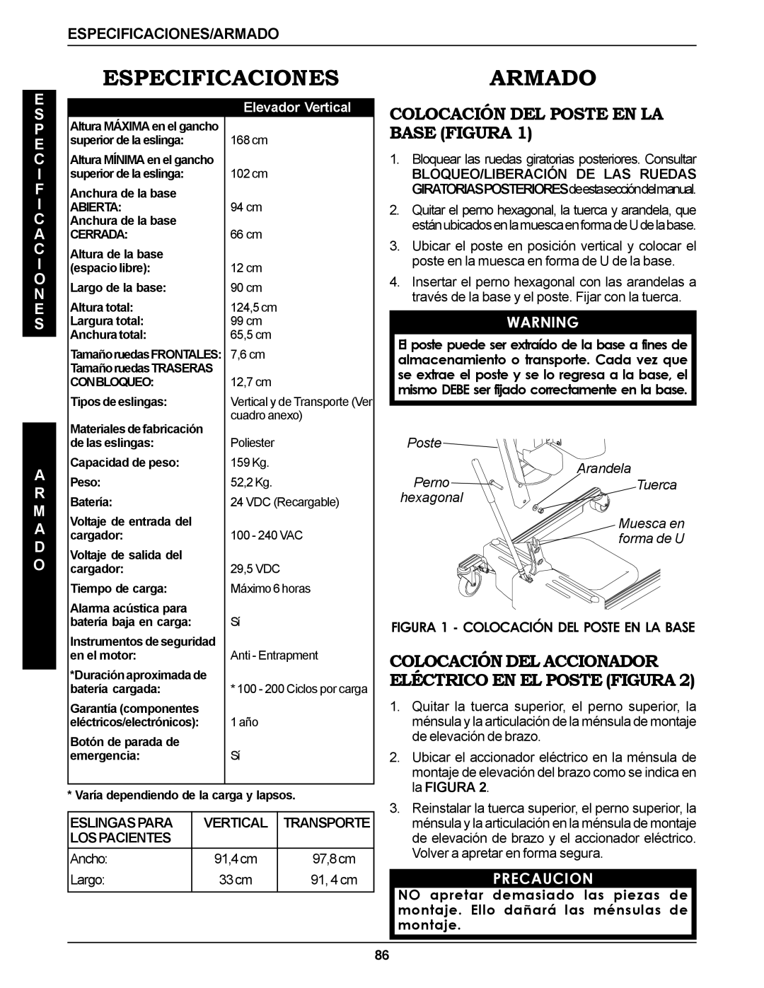 Invacare RPS350-1E manual Especificaciones, Armado, Colocación DEL Poste EN LA, Base Figura 