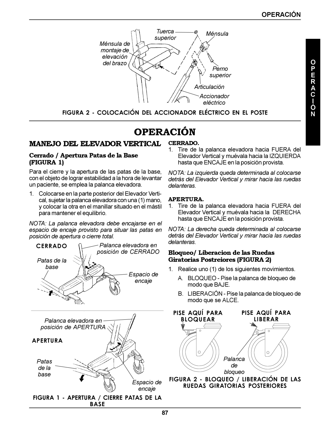 Invacare RPS350-1E manual Operación, Manejo DEL Elevador Vertical, Cerrado / Apertura Patas de la Base Figura 