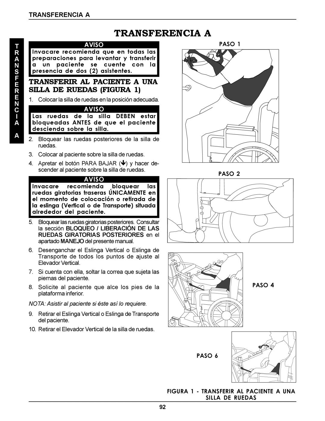 Invacare RPS350-1E manual Transferencia a, Transferir AL Paciente a UNA Silla DE Ruedas Figura, Paso 