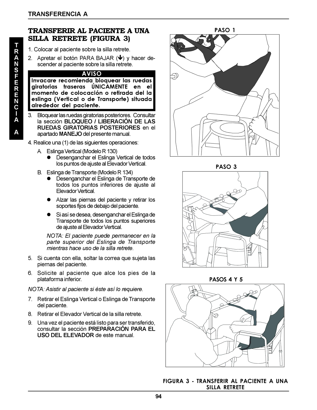 Invacare RPS350-1E manual Transferir AL Paciente a UNA Silla Retrete Figura, Paso Pasos 4 Y 