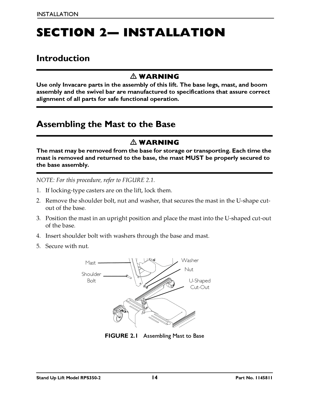 Invacare RPS350-2 manual Installation, Introduction, Assembling the Mast to the Base 