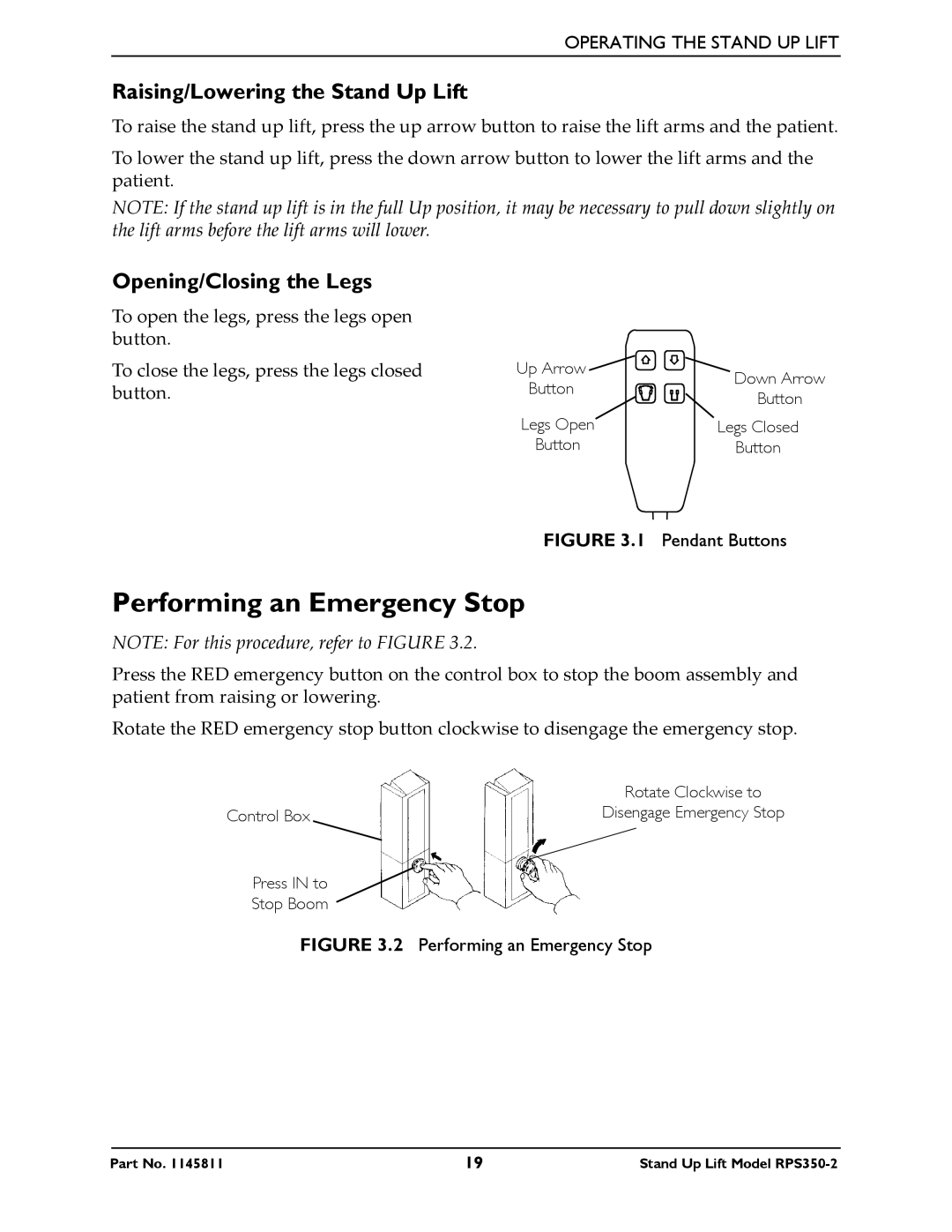 Invacare RPS350-2 manual Performing an Emergency Stop, Raising/Lowering the Stand Up Lift 