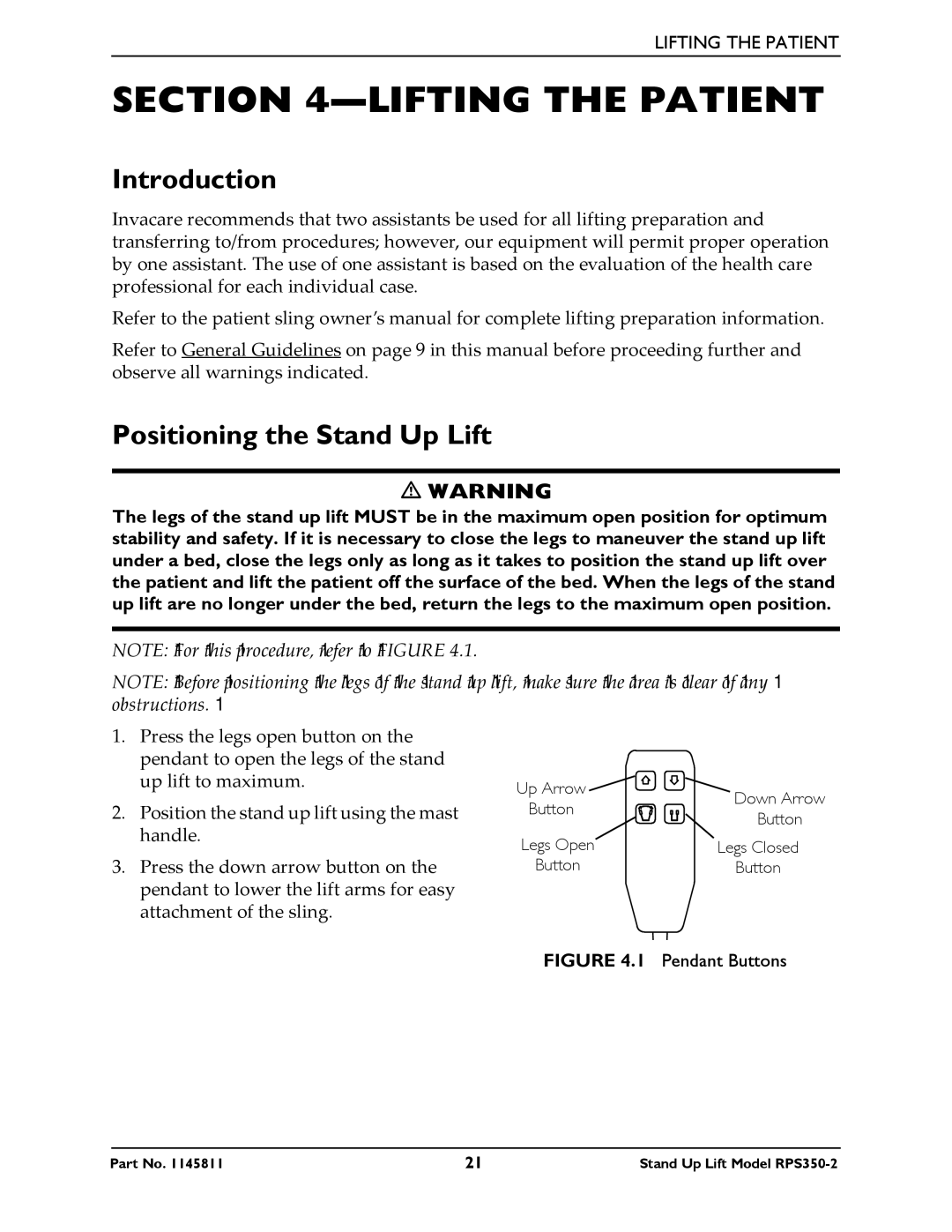 Invacare RPS350-2 manual Lifting the Patient, Positioning the Stand Up Lift 