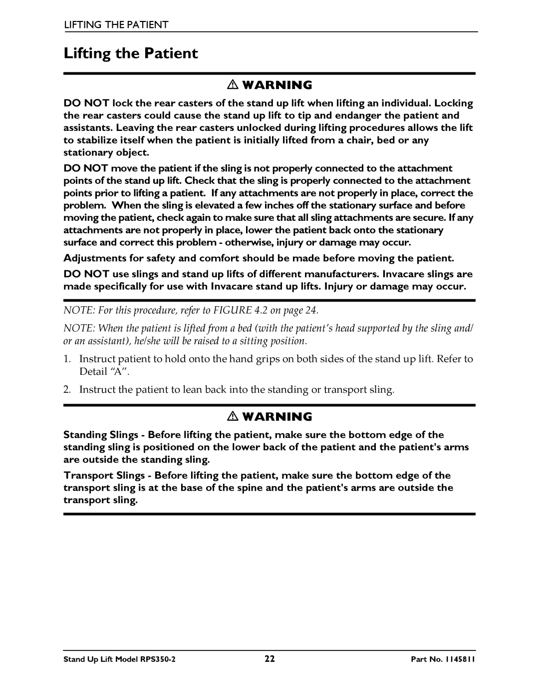 Invacare RPS350-2 manual Lifting the Patient 