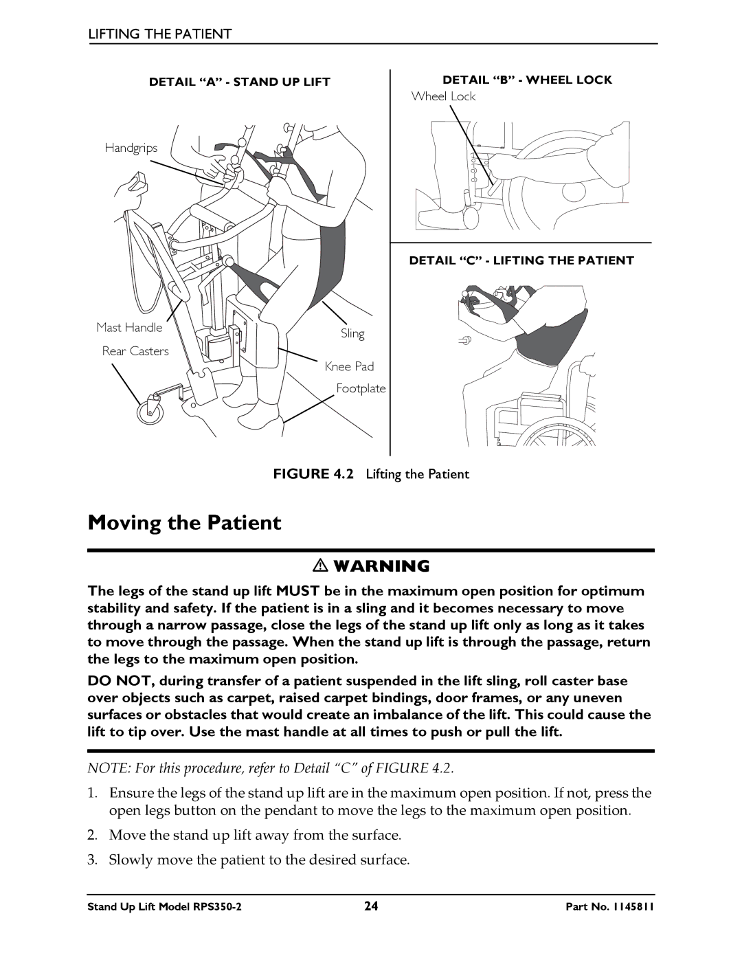 Invacare RPS350-2 manual Moving the Patient, Lifting the Patient 