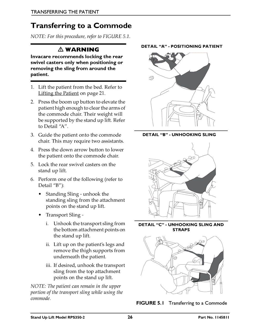 Invacare RPS350-2 manual Transferring to a Commode 