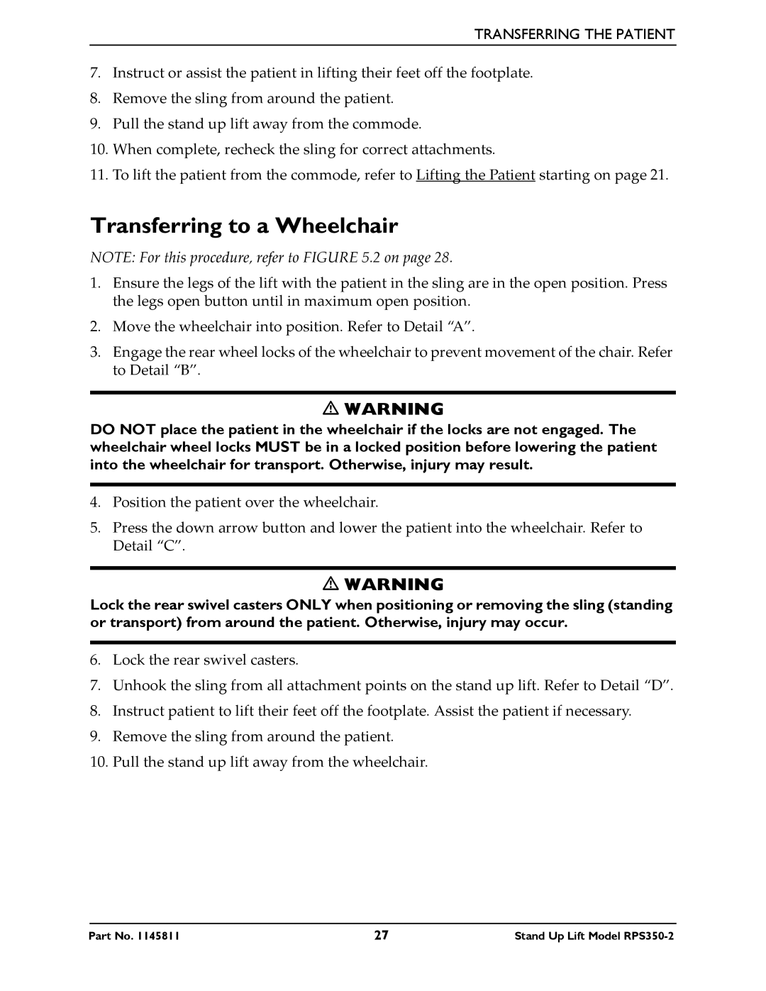 Invacare RPS350-2 manual Transferring to a Wheelchair 