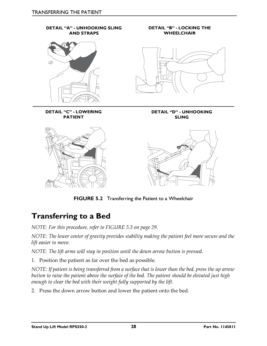 Invacare RPS350-2 manual Transferring to a Bed, Transferring the Patient to a Wheelchair 