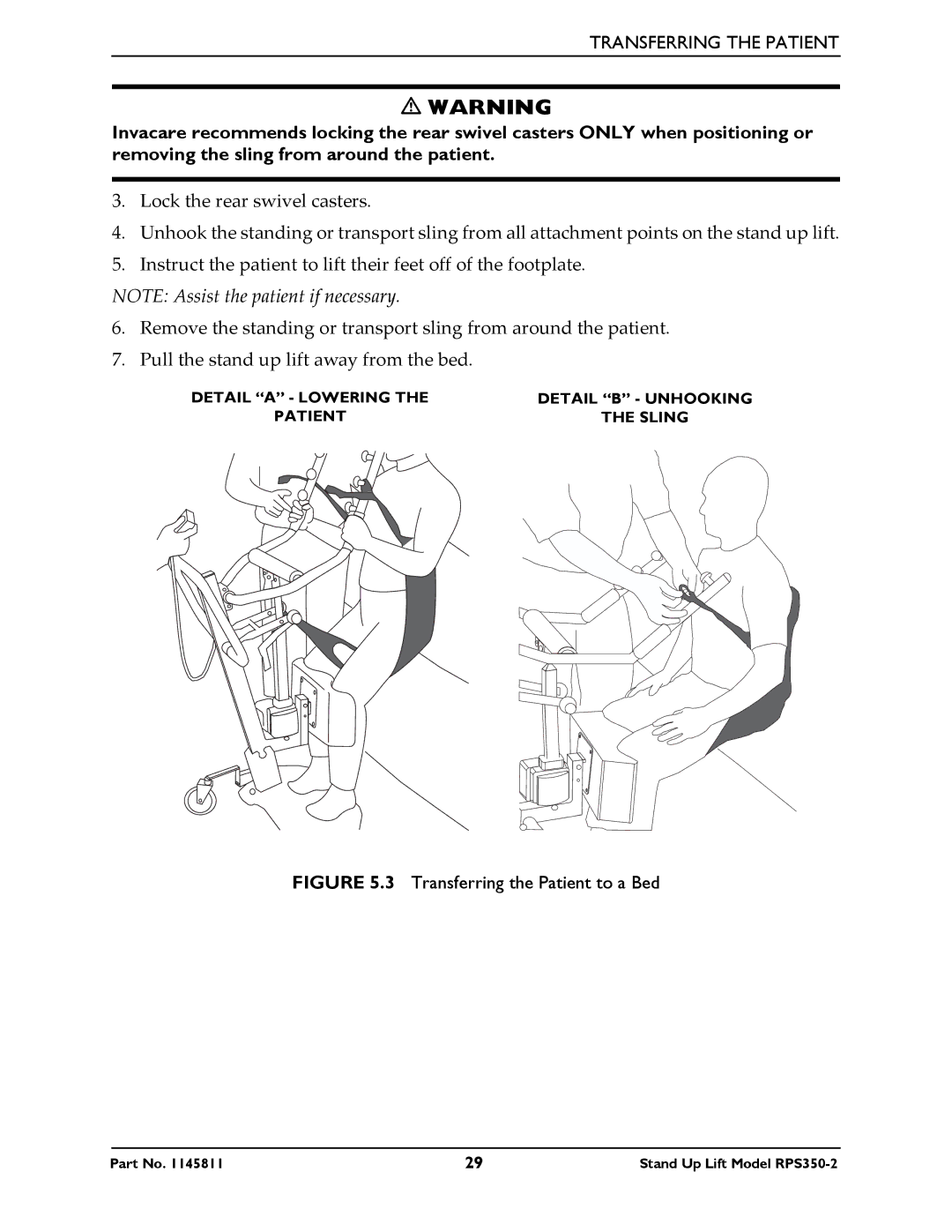 Invacare RPS350-2 manual Transferring the Patient to a Bed 