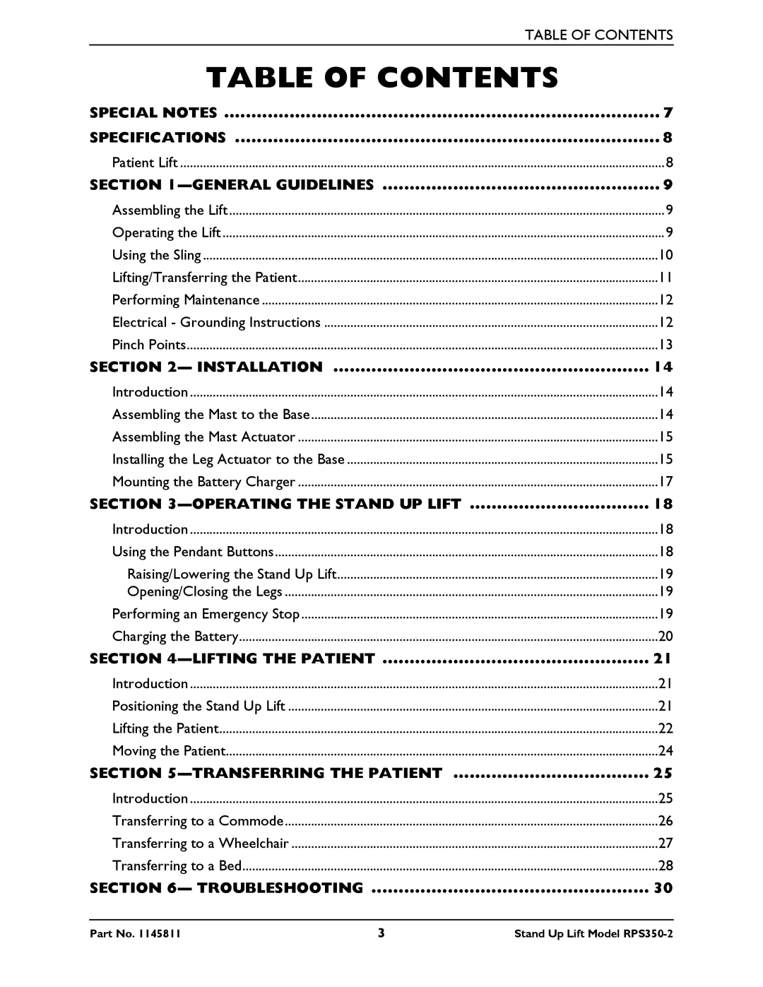 Invacare RPS350-2 manual Table of Contents 