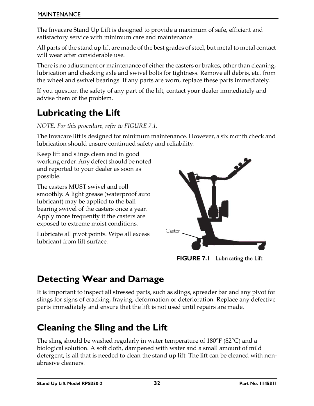 Invacare RPS350-2 manual Lubricating the Lift, Detecting Wear and Damage, Cleaning the Sling and the Lift 