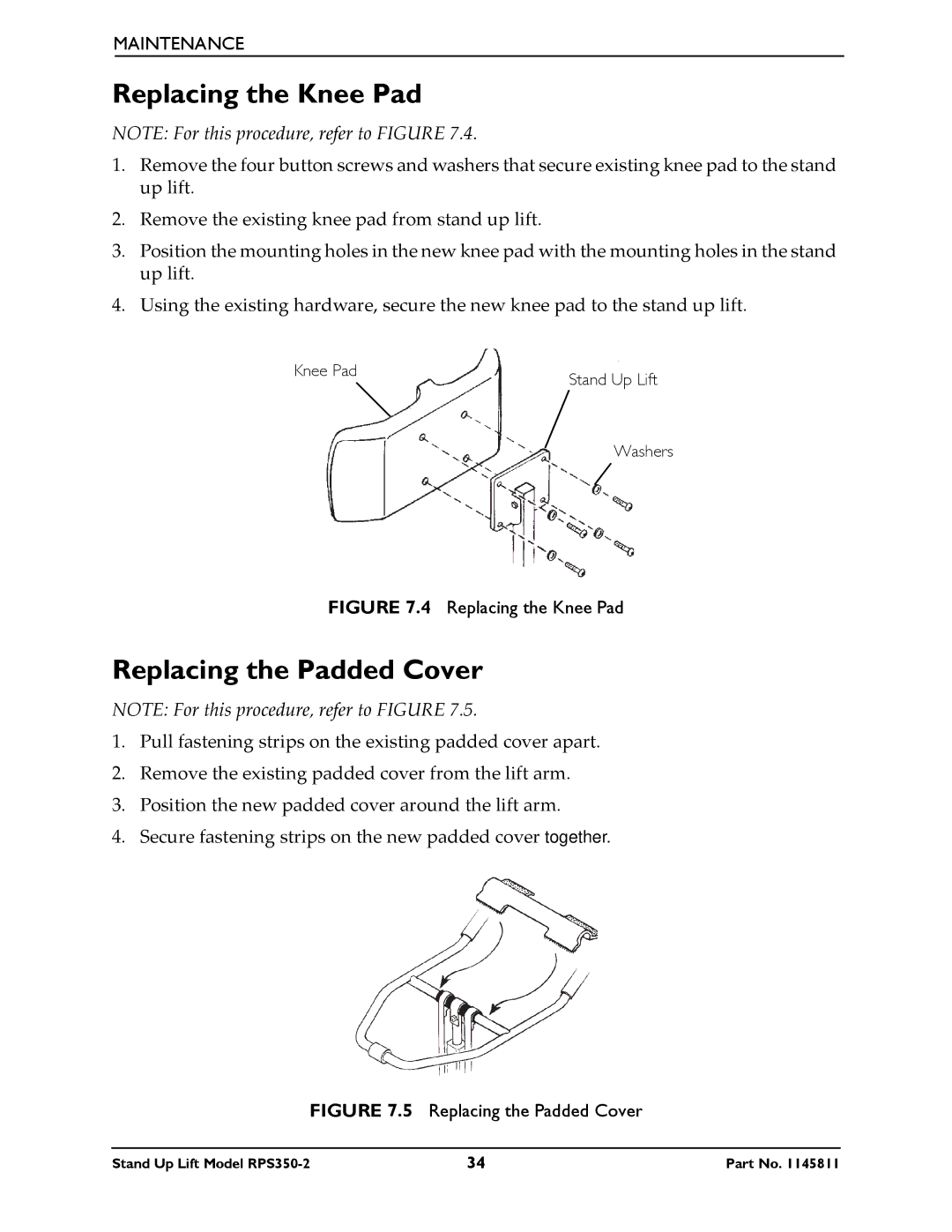 Invacare RPS350-2 manual Replacing the Knee Pad, Replacing the Padded Cover 