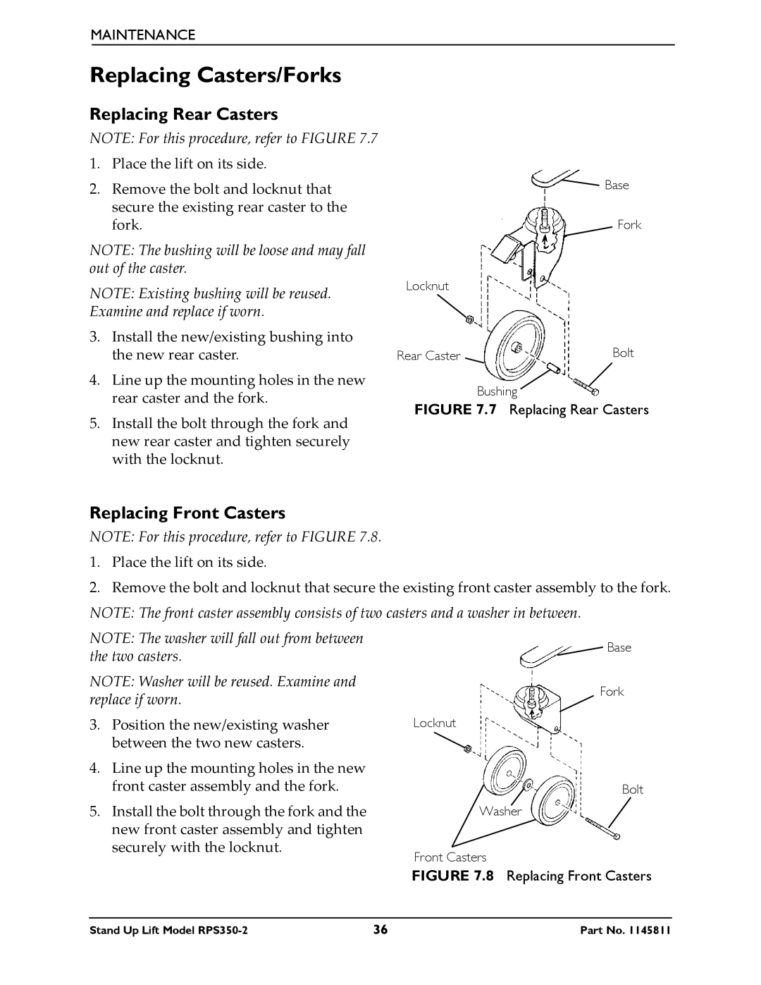 Invacare RPS350-2 manual Replacing Casters/Forks, Replacing Rear Casters 