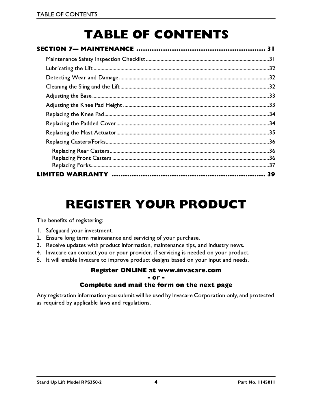 Invacare RPS350-2 manual Register Your Product, Maintenance 