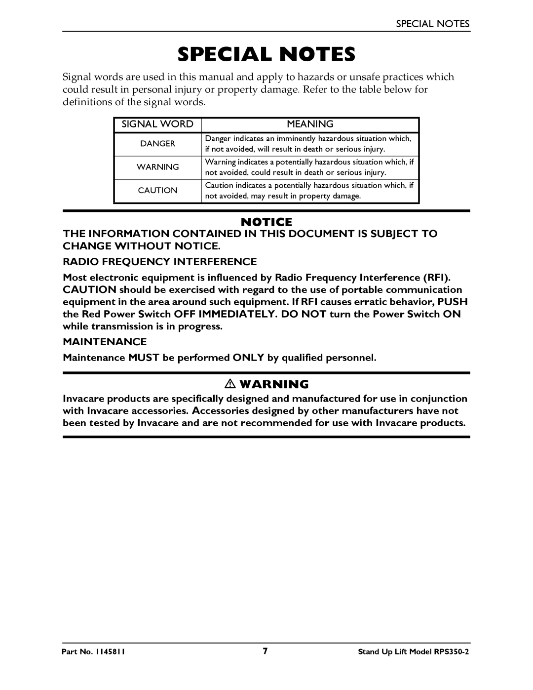 Invacare RPS350-2 manual Special Notes, Meaning 