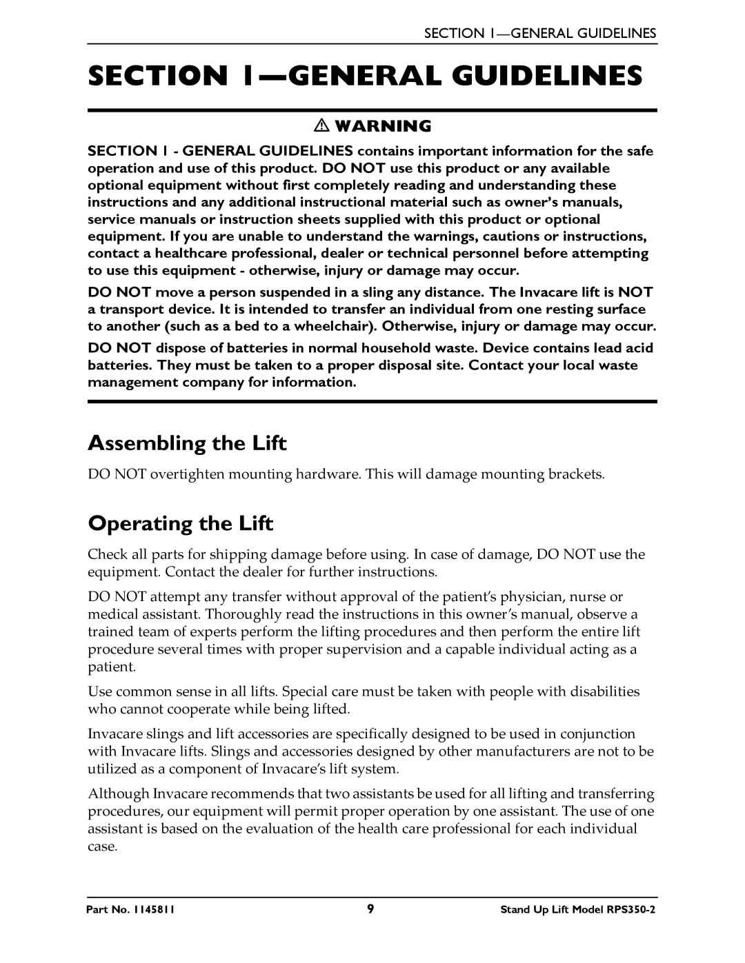 Invacare RPS350-2 manual General Guidelines, Assembling the Lift, Operating the Lift 