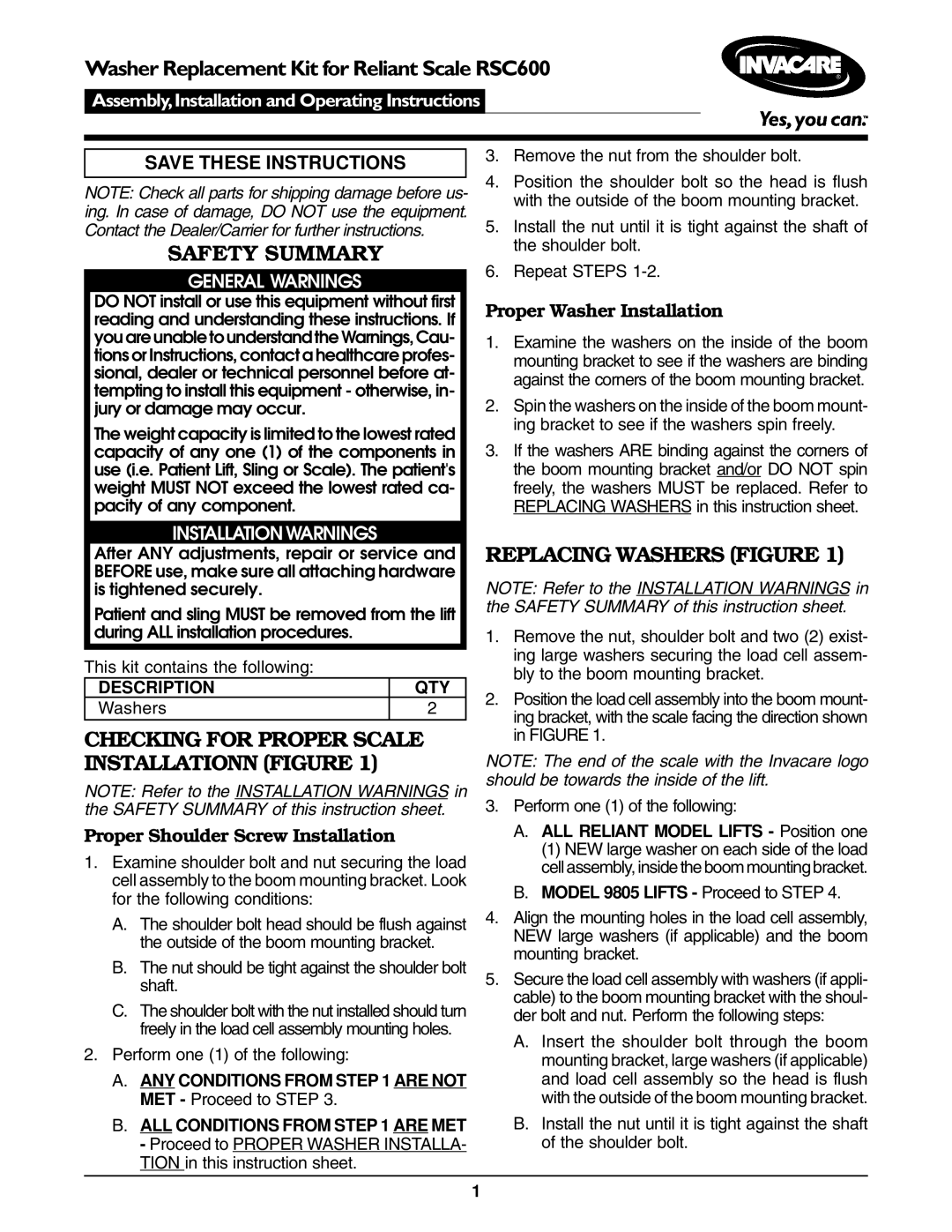 Invacare RSC600 operating instructions Safety Summary, Replacing Washers Figure, Proper Washer Installation 