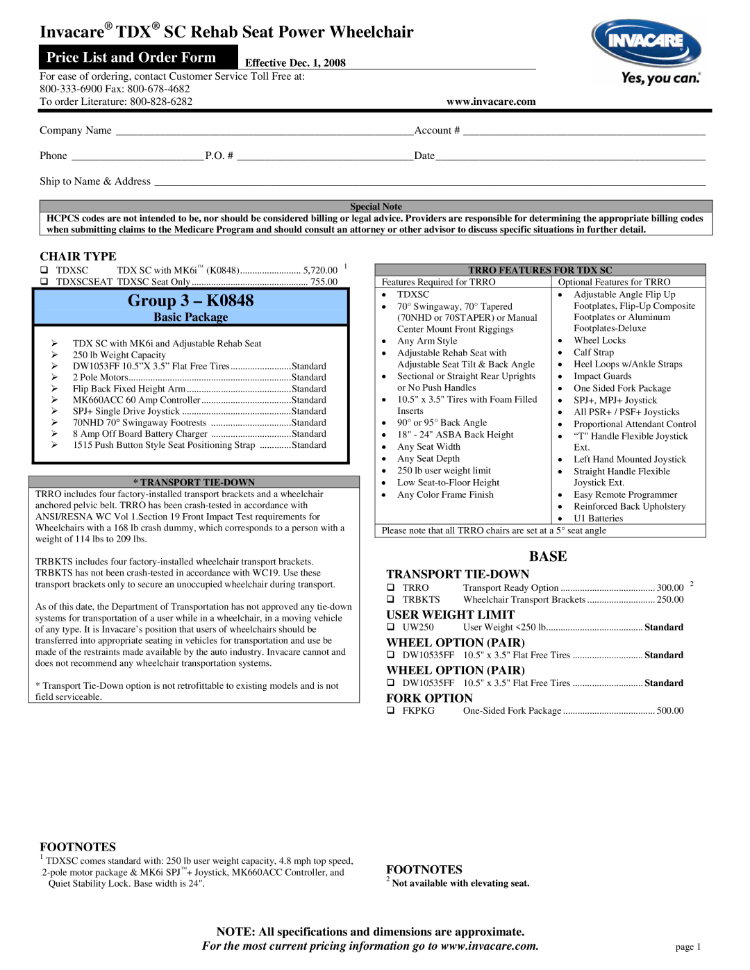 Invacare SC Rehab Seat Power Wheelchair specifications Base 