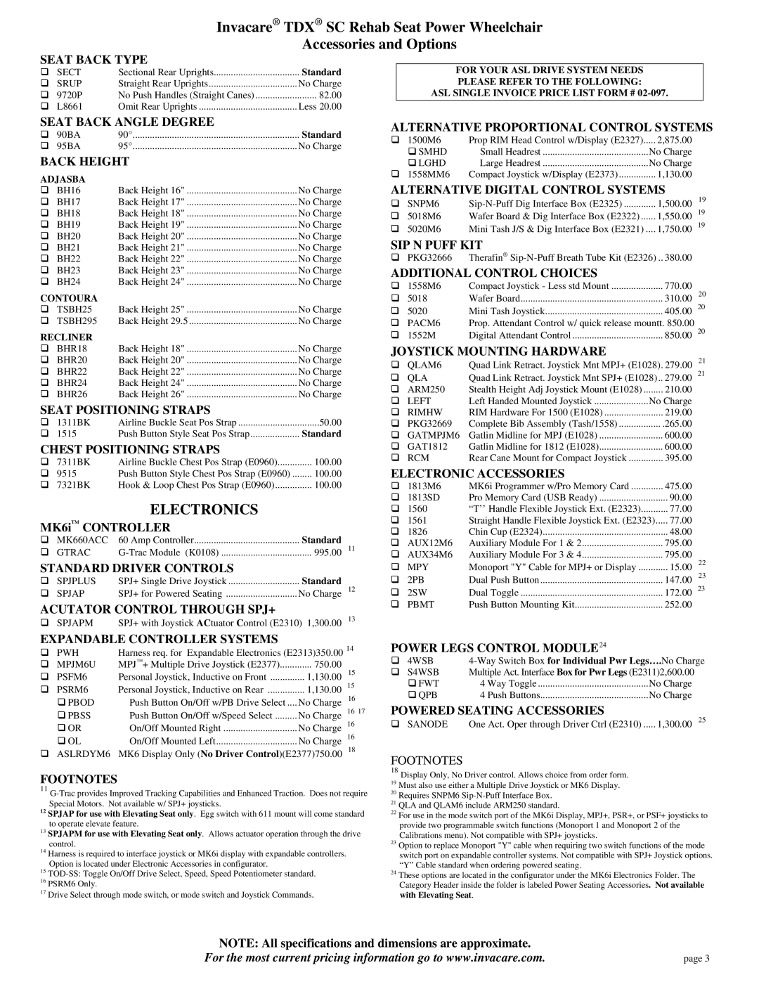 Invacare SC Rehab Seat Power Wheelchair specifications Electronics 