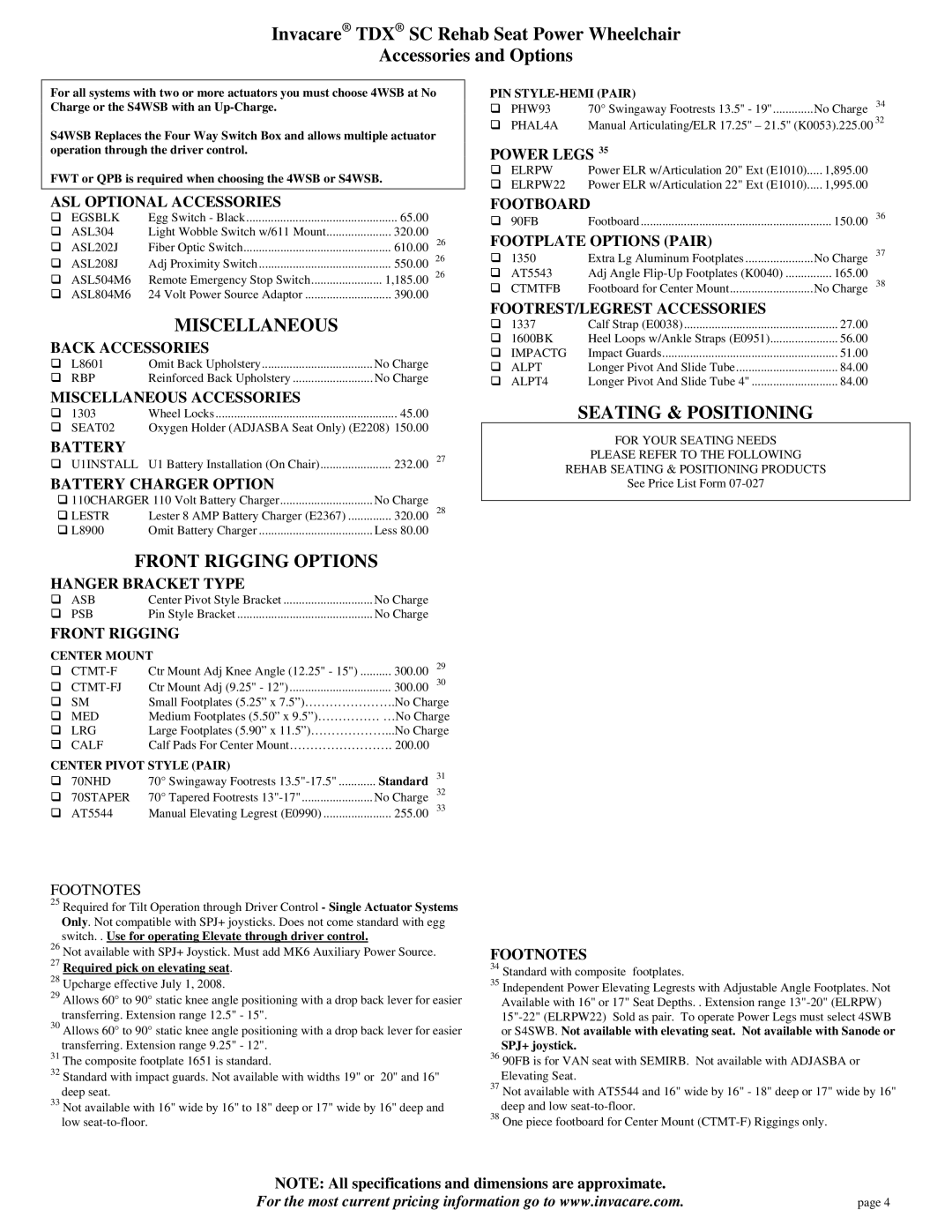 Invacare SC Rehab Seat Power Wheelchair specifications Miscellaneous, Front Rigging Options, Seating & Positioning 