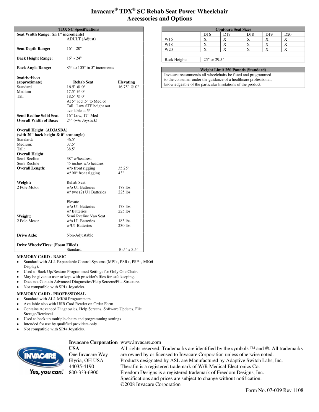 Invacare SC Rehab Seat Power Wheelchair specifications Usa, Memory Card Basic, Memory Card Professional 