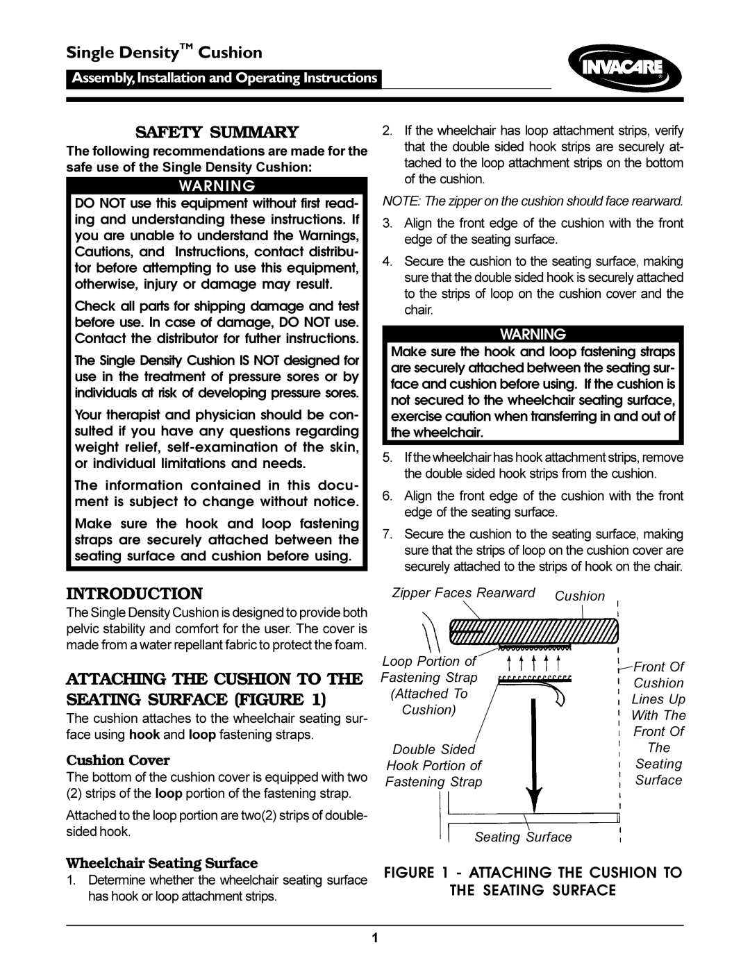 Invacare Single Density Cushion operating instructions Single DensityTM Cushion, Safety Summary, Introduction 