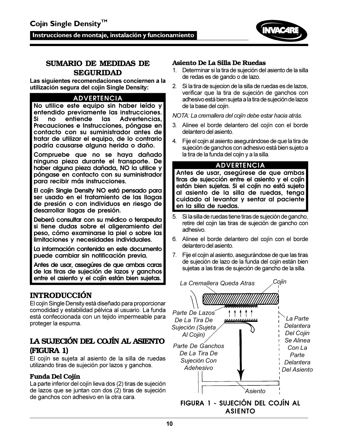 Invacare Single Density Cushion Cojín Single DensityTM, Sumario DE Medidas DE Seguridad, Introducción 