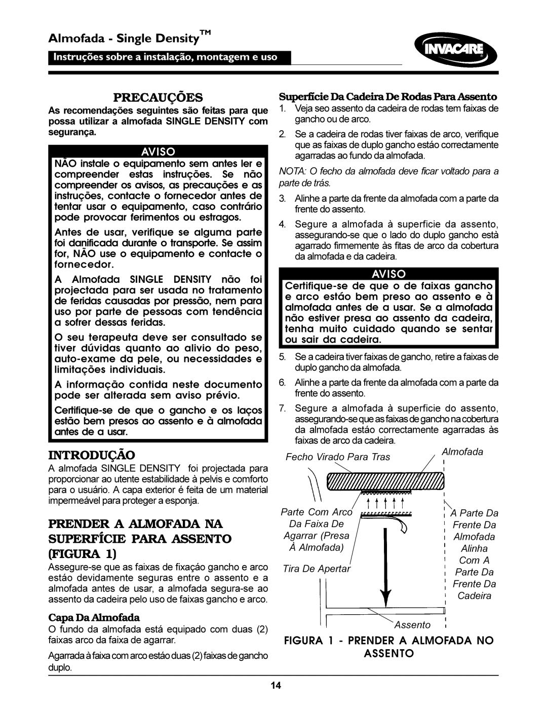 Invacare Single Density Cushion operating instructions Almofada Single DensityTM, Precauções, Introdução 