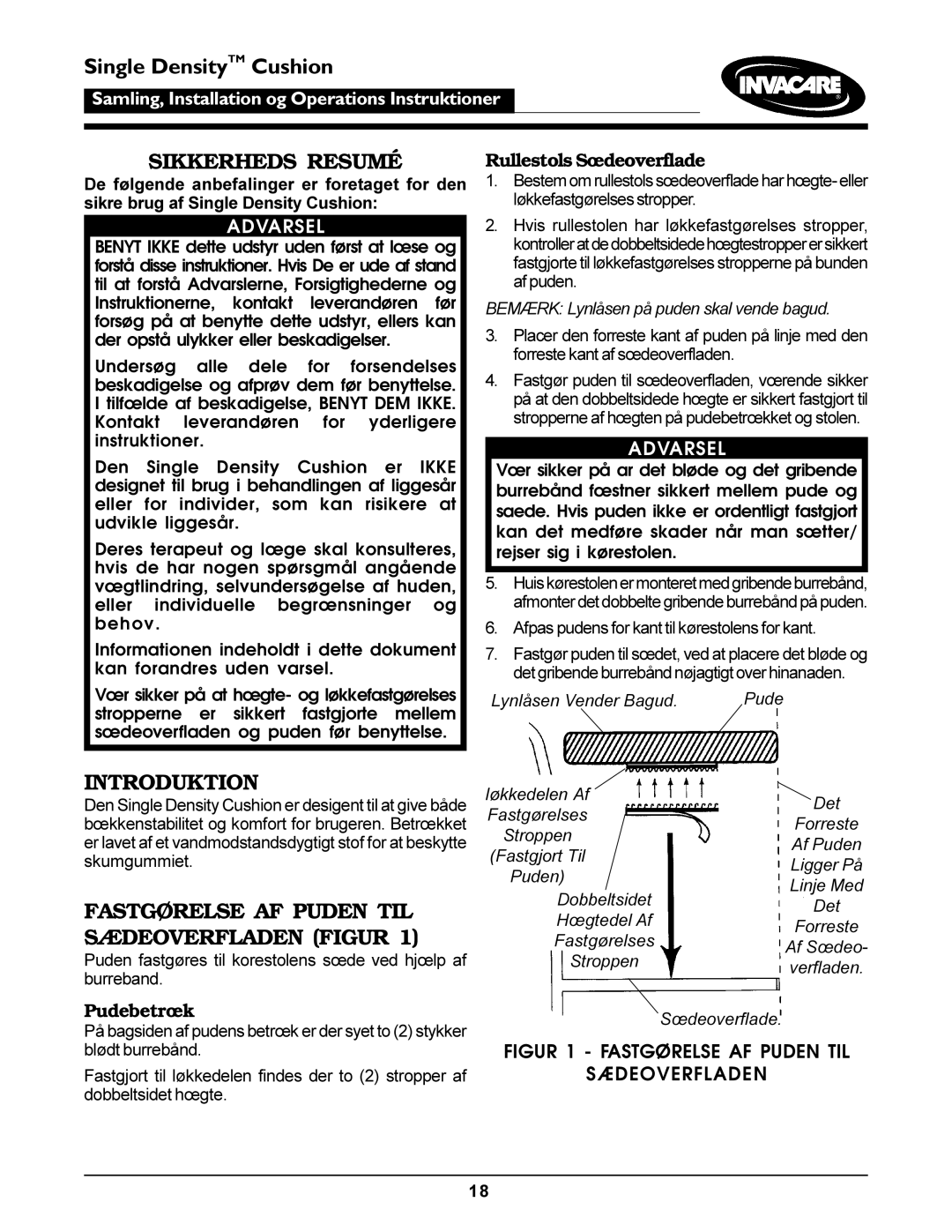 Invacare Single Density Cushion Sikkerheds Resumé, Fastgørelse AF Puden TIL Sædeoverfladen Figur, Pudebetrœk 