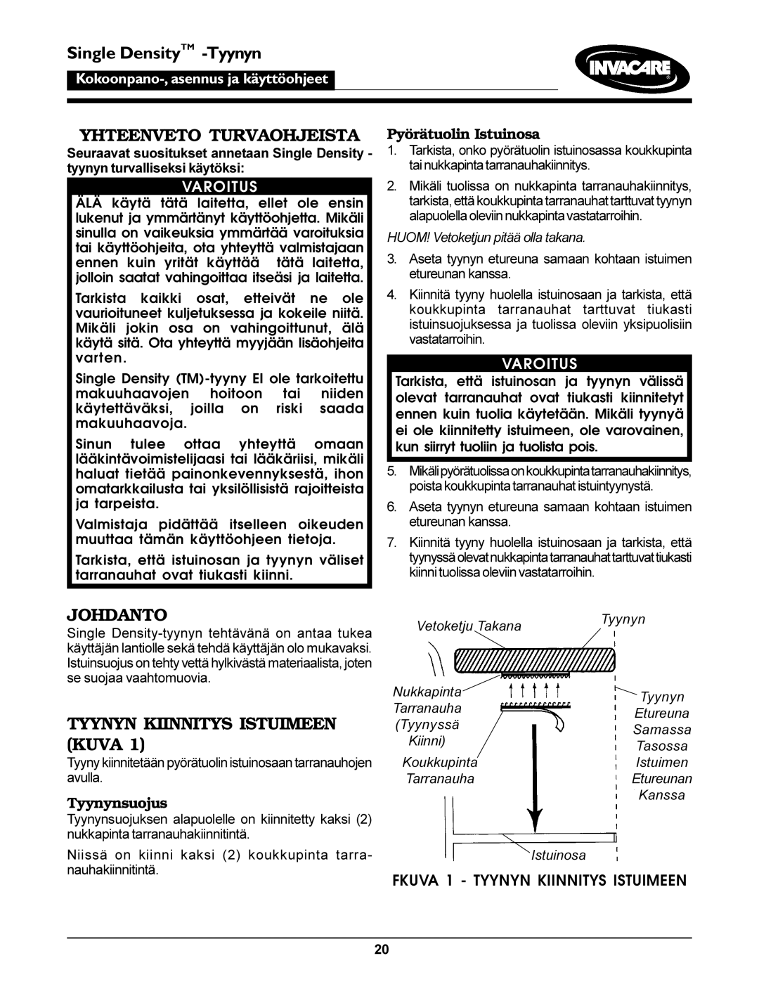 Invacare Single Density Cushion operating instructions Single DensityTM -Tyynyn, Yhteenveto Turvaohjeista, Johdanto 