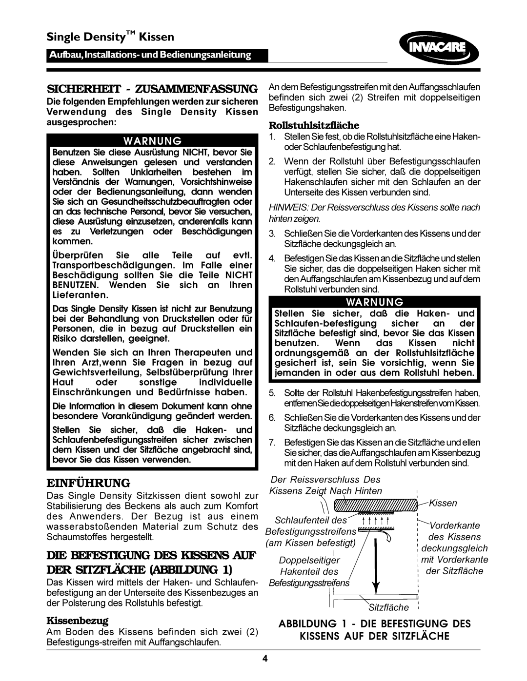 Invacare Single Density Cushion operating instructions Single DensityTM Kissen, Sicherheit Zusammenfassung, Einführung 