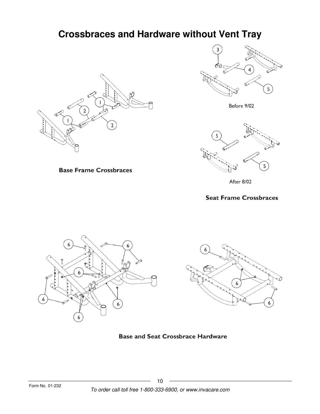 Invacare Solara jr manual Crossbraces and Hardware without Vent Tray 