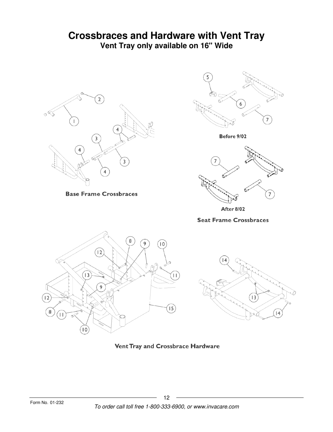 Invacare Solara jr manual Crossbraces and Hardware with Vent Tray 