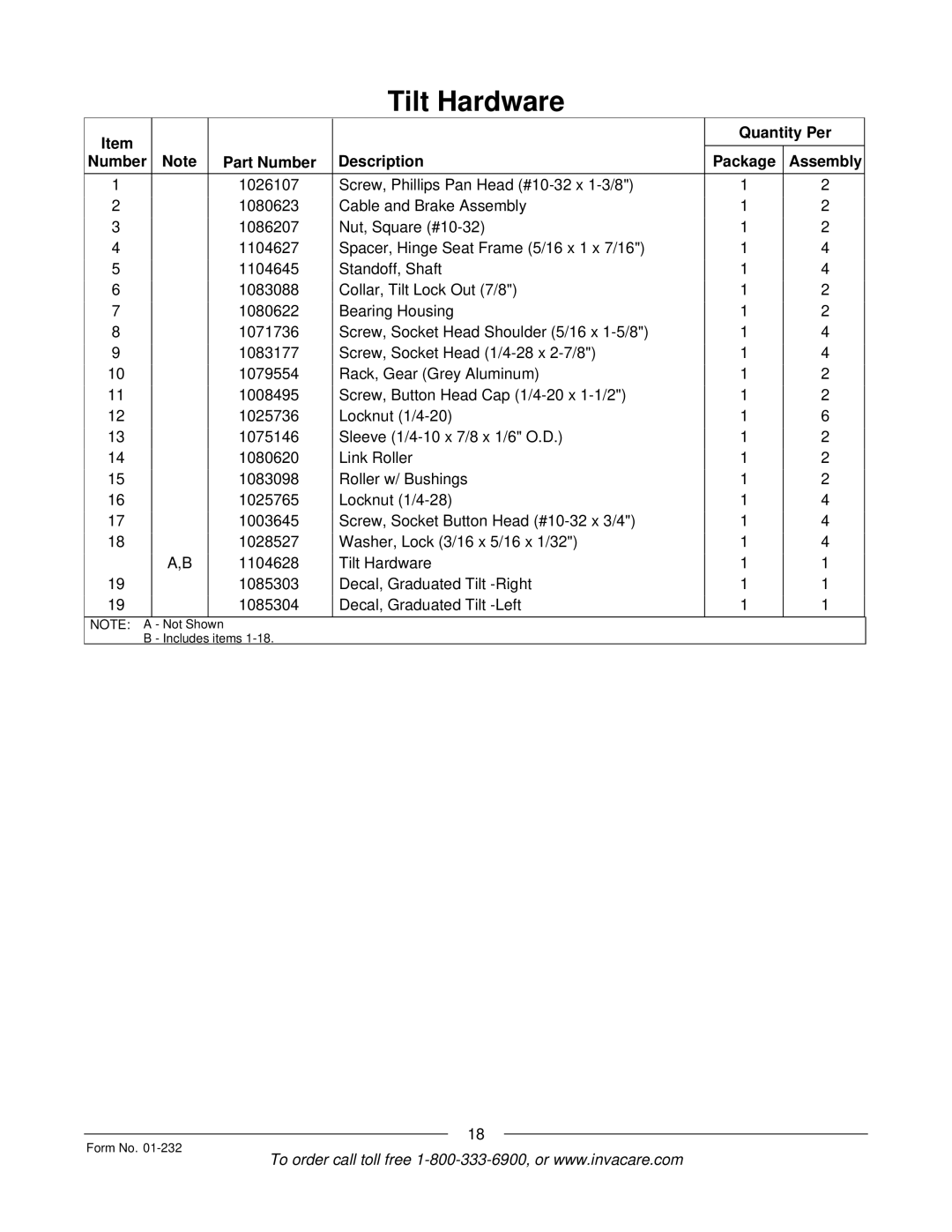 Invacare Solara jr manual Not Shown Includes items Form No 