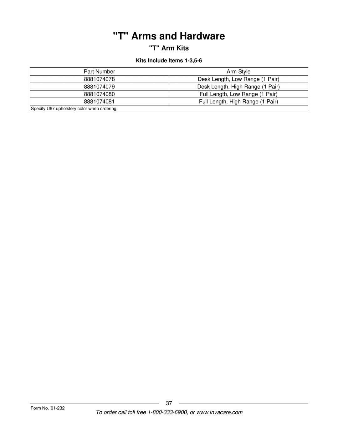 Invacare Solara jr manual Specify U67 upholstery color when ordering Form No 