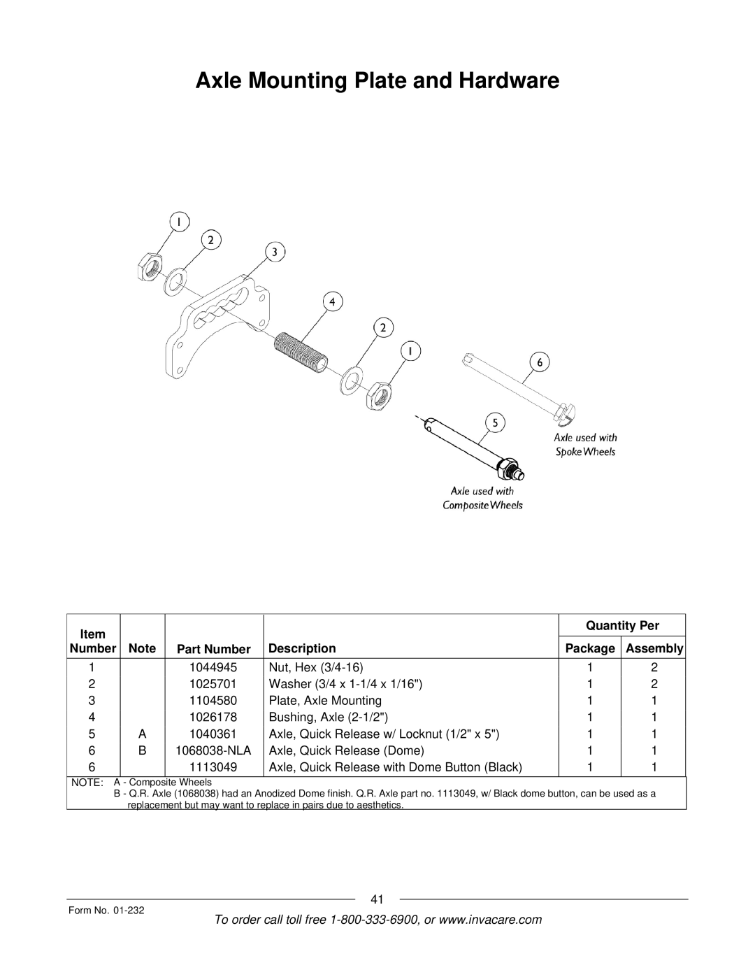 Invacare Solara jr manual Axle Mounting Plate and Hardware, Part Number Description Quantity Per Package Assembly 