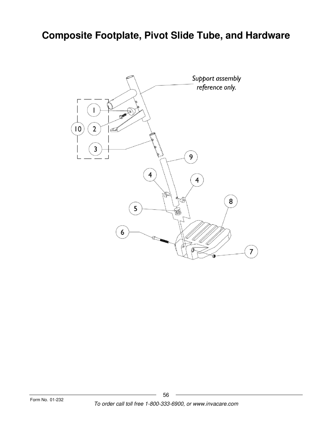 Invacare Solara jr manual Composite Footplate, Pivot Slide Tube, and Hardware 