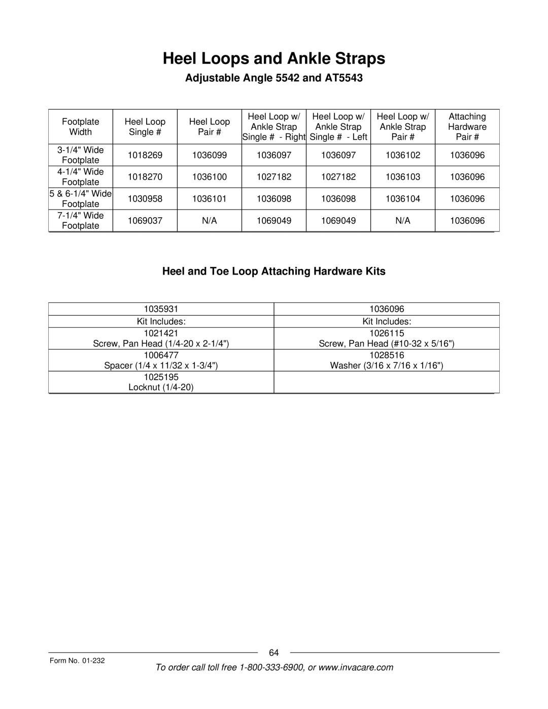 Invacare Solara jr manual Adjustable Angle 5542 and AT5543, Heel and Toe Loop Attaching Hardware Kits 