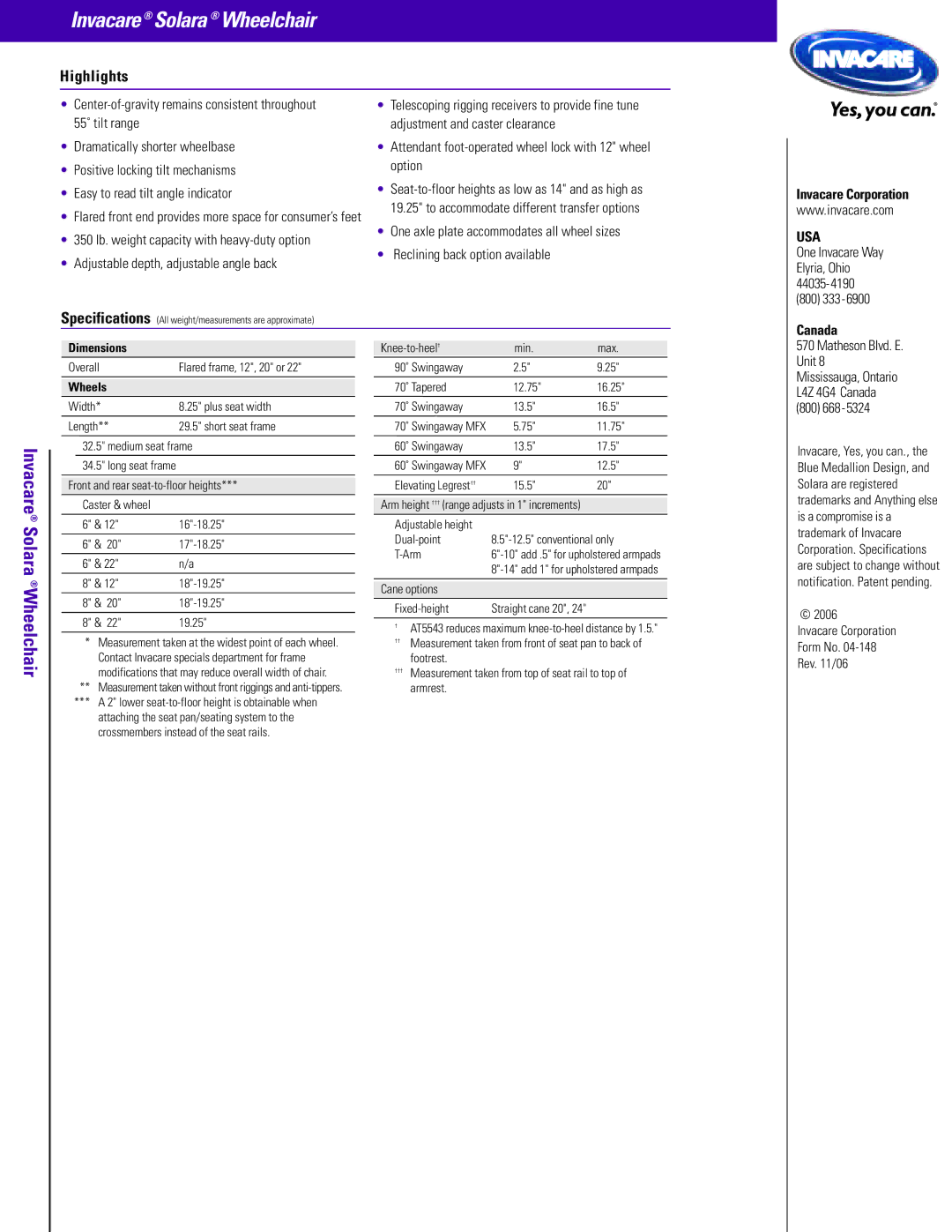 Invacare manual Invacare Solara, Wheelchair, Highlights 